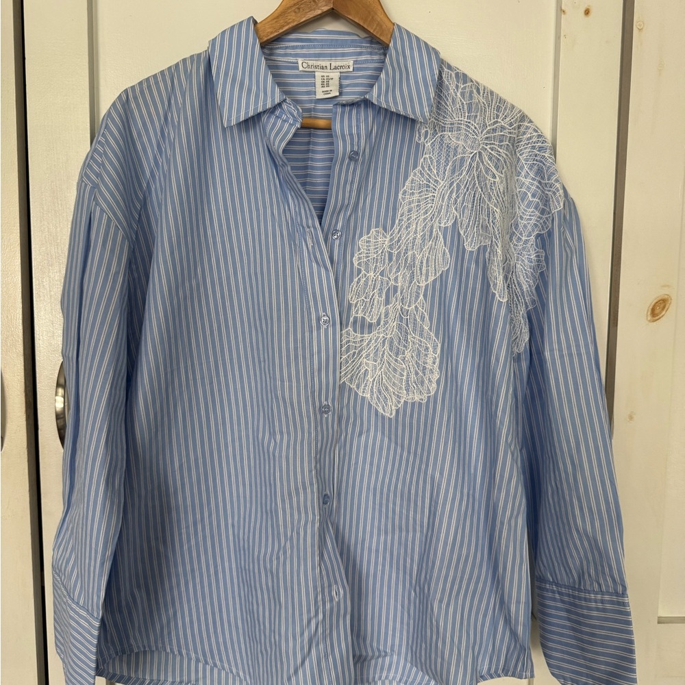 Christian Lacroix Oversized Striped Shirt Floral Appliqué